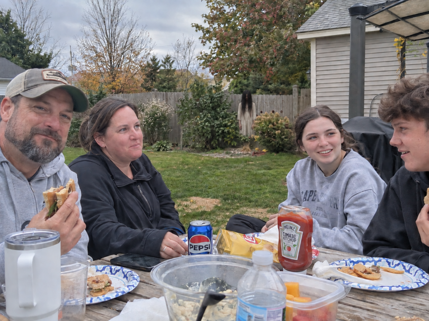 AI concept: the same backyard lunch with a long-haired girl by the fence