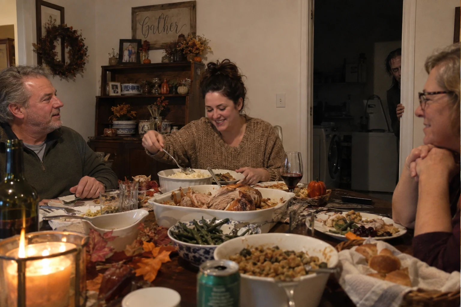 A family dinner with an unfamiliar pale stranger leaning around a background doorway.