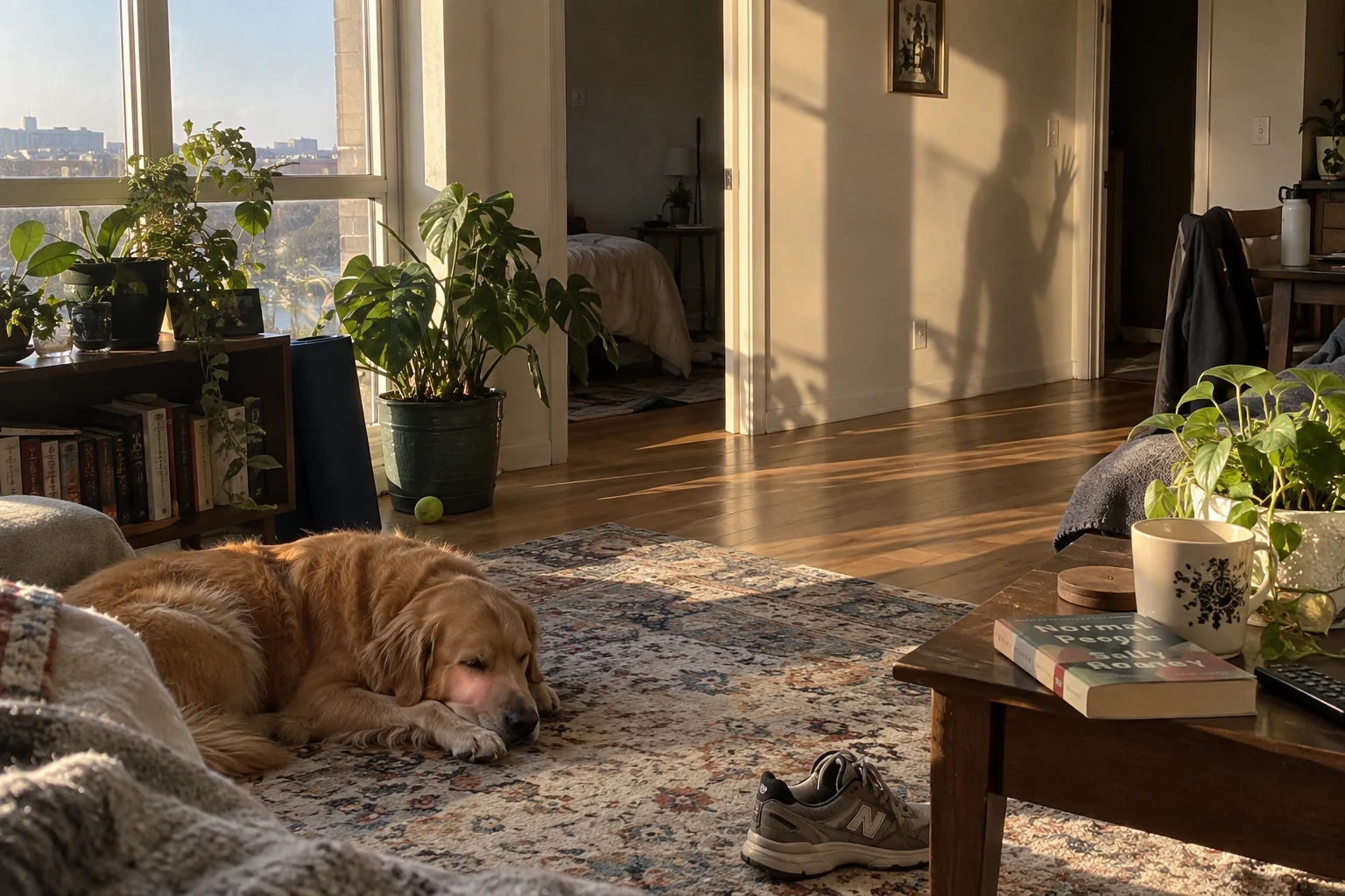 A dog asleep in a sunny room with a human shadow on the wall and nobody casting it.
